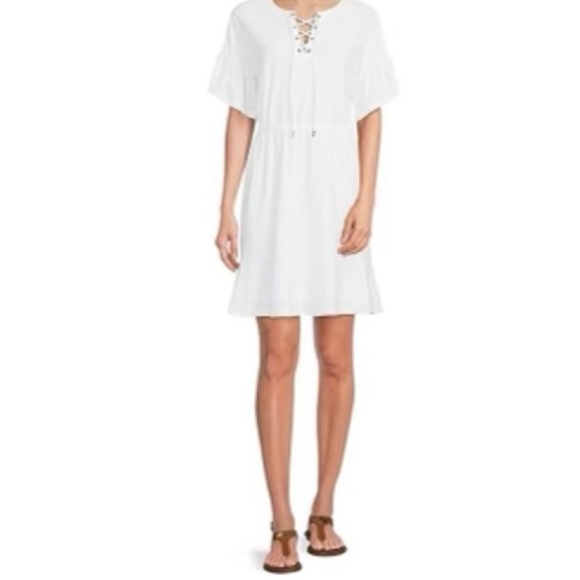 MICHAEL Michael Kors Dresses & Skirts - Michael Kors Faux Eyelet Knit Lace Up Ruffle Short Sleeve Elastic Waist Dress